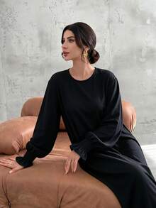Al Najma Women Solid Color Casual Modest Elegant Party Home Morning Arabian Dress Black Fall - Black - View 4