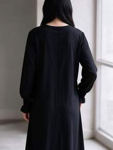 Al Najma Women Solid Color Casual Modest Elegant Party Home Morning Arabian Dress Black Fall - Black - View 3