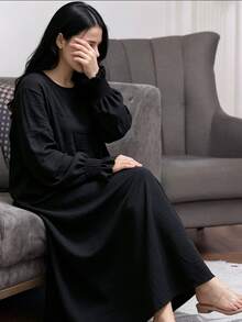 Al Najma Women Solid Color Casual Modest Elegant Party Home Morning Arabian Dress Black Fall - Black - View 2