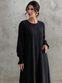 Al Najma Women Solid Color Casual Modest Elegant Party Home Morning Arabian Dress Black Fall - Black - View 5