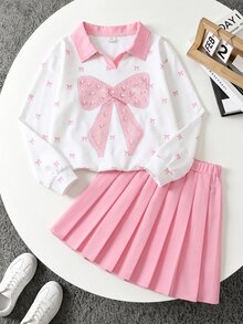 SHEIN 女童甜美粉色學院風大蝴蝶結領衛衣與百褶裙兩件套，秋季返校時尚穿搭，百褶裙與領口設計適合校園藝術照、畢業季紀念照、復活節、感恩節、新年家庭聚會或外出 - 彩色 - 查看 4