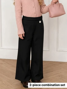 SHEIN 女童 2件組純黑色寬腿長褲，休閒鬆緊腰帶搭配小花鈕扣裝飾，秋季開學日常穿著 - 黑色 - 查看 4
