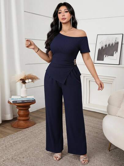 Feyla Conjunto elegante de 2 piezas para mujer talla grande, top de color liso con bajo asimétrico y pantalones de pierna ancha, azul marino, para oficina formal y citas de verano