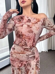 Feyla 优雅花卉印花女式侧开衩下摆裹肩长袖连衣裙 - 粉色 - 查看 3