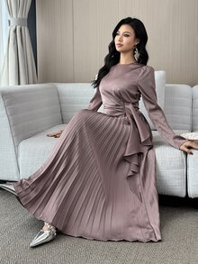 Feyla 女士纯色圆领常规肩长袖连衣裙 - 粉色 - 查看 7