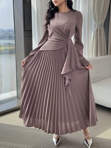 Feyla 女士纯色圆领常规肩长袖连衣裙 - 粉色 - 查看 4