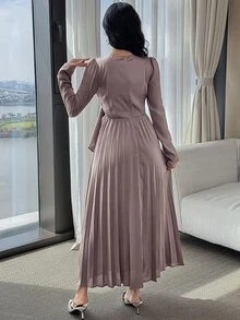 Feyla 女士纯色圆领常规肩长袖连衣裙 - 粉色 - 查看 2