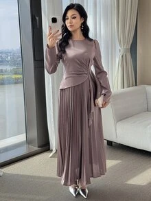 Feyla 女士纯色圆领常规肩长袖连衣裙 - 粉色 - 查看 6