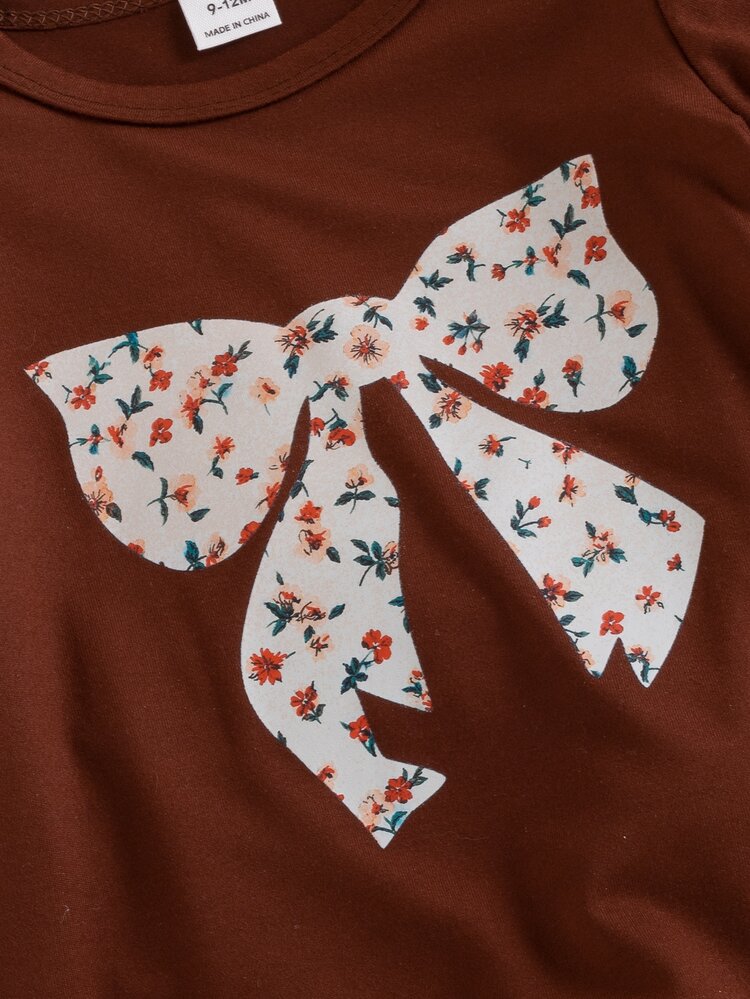 SHEIN 6 Pack Toddler Baby Girl T-Shirt Pants Set Sweet Cute Brown Cream Floral Print Bow Long Sleeve Round Neck Regular Birthday Fall Holiday Christmas Chic - Multicolor - View 5