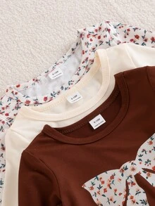 SHEIN 6 Pack Toddler Baby Girl T-Shirt Pants Set Sweet Cute Brown Cream Floral Print Bow Long Sleeve Round Neck Regular Birthday Fall Holiday Christmas Chic - Multicolor - View 6