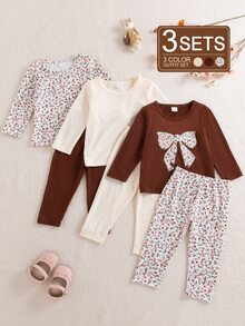 SHEIN 6 Pack Toddler Baby Girl T-Shirt Pants Set Sweet Cute Brown Cream Floral Print Bow Long Sleeve Round Neck Regular Birthday Fall Holiday Christmas Chic - Multicolor - View 1