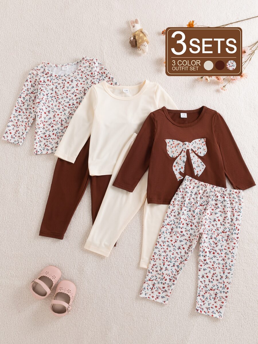 SHEIN 6 Pack Toddler Baby Girl T-Shirt Pants Set Sweet Cute Brown Cream Floral Print Bow Long Sleeve Round Neck Regular Birthday Fall Holiday Christmas Chic - Multicolor - View 1