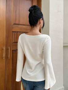 Siren Gaze Women's Solid Color Casual Versatile Daily Wear Bell Sleeve T-Shirt - Apricot - View 3