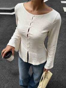 Siren Gaze Women's Solid Color Casual Versatile Daily Wear Bell Sleeve T-Shirt - Apricot - View 7