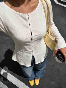Siren Gaze Women's Solid Color Casual Versatile Daily Wear Bell Sleeve T-Shirt - Apricot - View 8