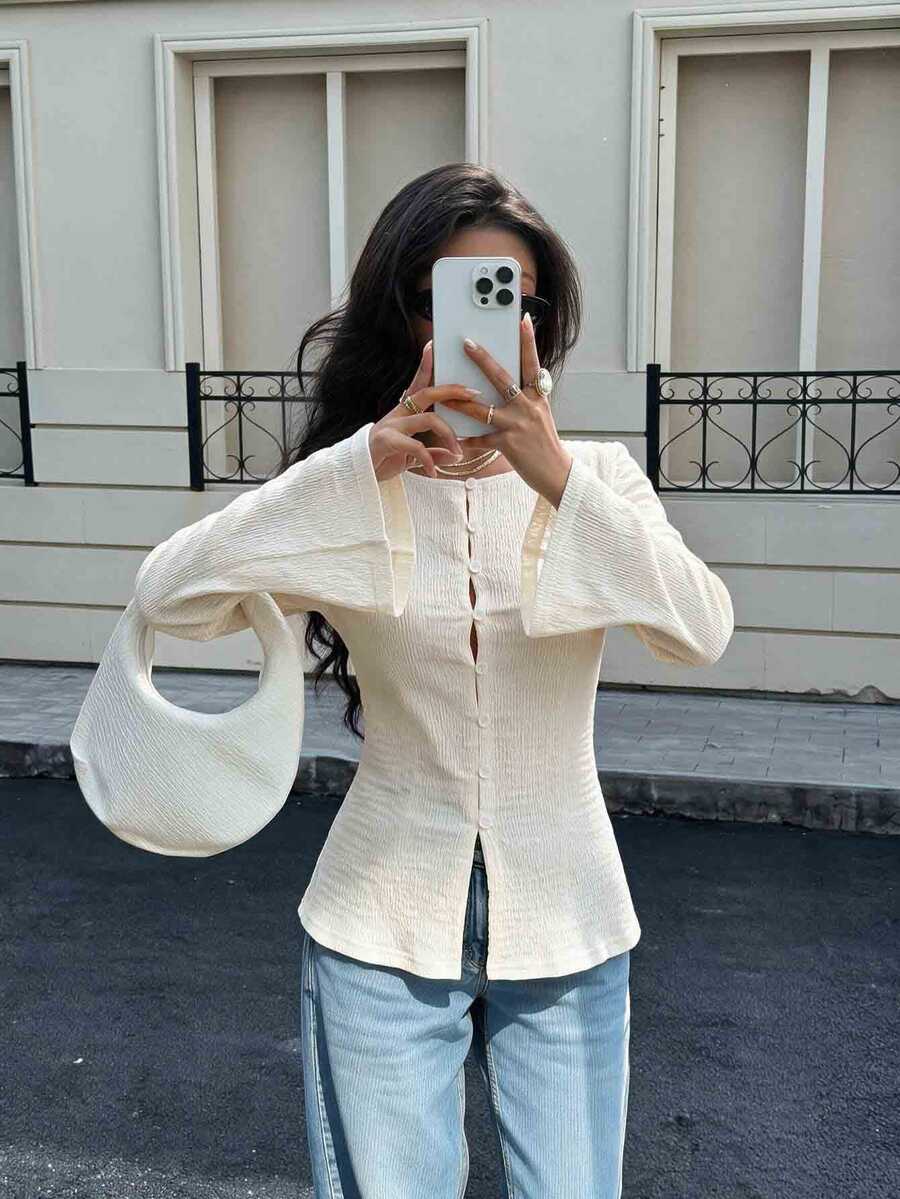 Siren Gaze Women's Solid Color Casual Versatile Daily Wear Bell Sleeve T-Shirt - Apricot - View 1