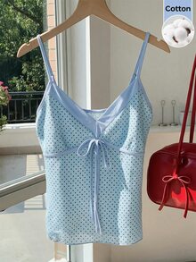 SHEIN EZwear 100% Cotton Women's Contrast Color Polka Dot Print Tie Strap Camisole - Baby Blue - View 6