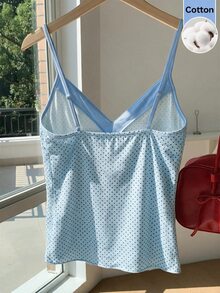 SHEIN EZwear 100% Cotton Women's Contrast Color Polka Dot Print Tie Strap Camisole - Baby Blue - View 2