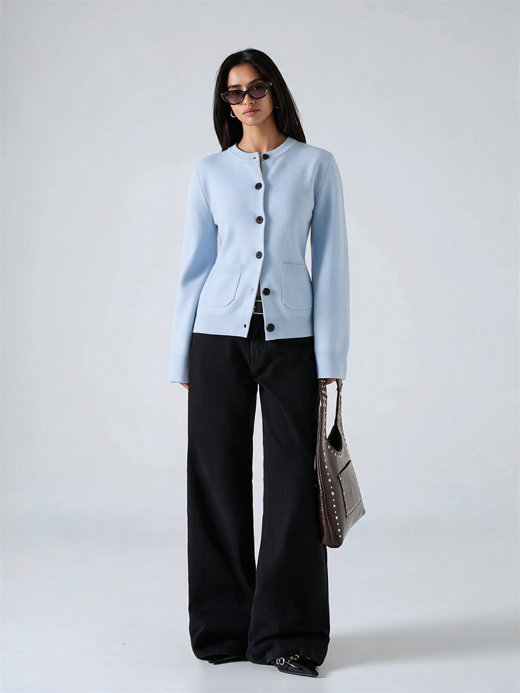 LYSMO 2025 New Women's Burgundy Autumn Chic Everyday Minimalist Solid Color Button-Up Cardigan,Casual Workwear Patchwork Pocket Sweater For Christmas,Winter - Baby Blue - View 6