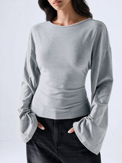 LYSMO Women's Solid Color Round Neck Drop Shoulder Long Sleeve Casual T-Shirt Brunch Cream White Autumn