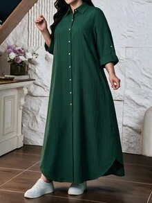 Lacomfia Plus Size Women Shirt Collar Maxi Dress Long Sleeve Textured Button Front Modest Fall Casual Abaya Style Loose Muslim Daily Long Dress - Green - View 11
