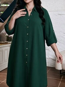 Lacomfia Plus Size Women Shirt Collar Maxi Dress Long Sleeve Textured Button Front Modest Fall Casual Abaya Style Loose Muslim Daily Long Dress - Green - View 6
