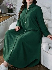 Lacomfia Plus Size Women Shirt Collar Maxi Dress Long Sleeve Textured Button Front Modest Fall Casual Abaya Style Loose Muslim Daily Long Dress - Green - View 8