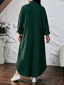 Lacomfia Plus Size Women Shirt Collar Maxi Dress Long Sleeve Textured Button Front Modest Fall Casual Abaya Style Loose Muslim Daily Long Dress - Green - View 3