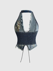ROMWE 女款復古機車風 J-FASHION 新中式刺繡掛脖性感牛仔上衣 - 中等水洗藍 - 查看 2