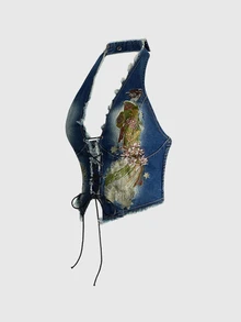 ROMWE 女款復古機車風 J-FASHION 新中式刺繡掛脖性感牛仔上衣 - 中等水洗藍 - 查看 5