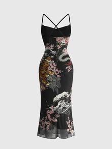 ROMWE Fairycore Women's Floral Tiger Print Casual Daily Summer Spaghetti Strap Dress - Multicolor - View 2
