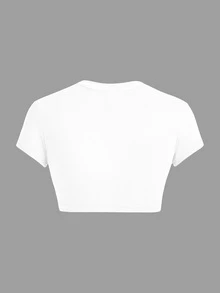 SHEIN ICON Casual Minimalist Pattern Round Neck Short Sleeve Fitted Cropped Women T-Shirt,Summer Top - White - View 4