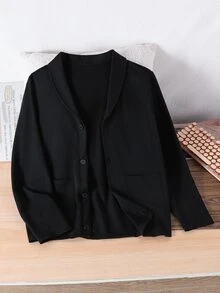 Teen Boys Black Casual Knit Cardigan Jacket With Shawl Collar, Single-Breasted Round Button Closure, Suitable For Daily Commute, Casual Outings, Layering And Inner Wear, All Seasons, Autumn - Black - View 5