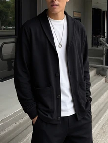 Teen Boys Black Casual Knit Cardigan Jacket With Shawl Collar, Single-Breasted Round Button Closure, Suitable For Daily Commute, Casual Outings, Layering And Inner Wear, All Seasons, Autumn - Black - View 4