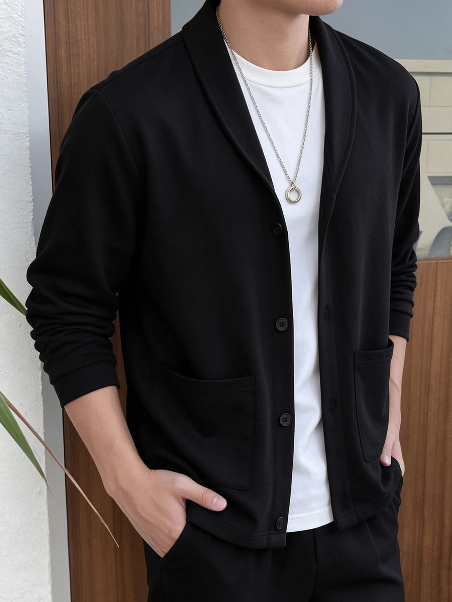 Teen Boys Black Casual Knit Cardigan Jacket With Shawl Collar, Single-Breasted Round Button Closure, Suitable For Daily Commute, Casual Outings, Layering And Inner Wear, All Seasons, Autumn - Black - View 1