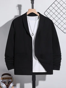 Teen Boys Black Casual Knit Cardigan Jacket With Shawl Collar, Single-Breasted Round Button Closure, Suitable For Daily Commute, Casual Outings, Layering And Inner Wear, All Seasons, Autumn - Black - View 7