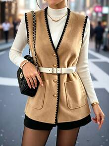 SHEIN Women's Solid Color Wool Blend Contrast Trim Pocket Casual Sleeveless Jacket, Autumn/Winter - Khaki - View 5