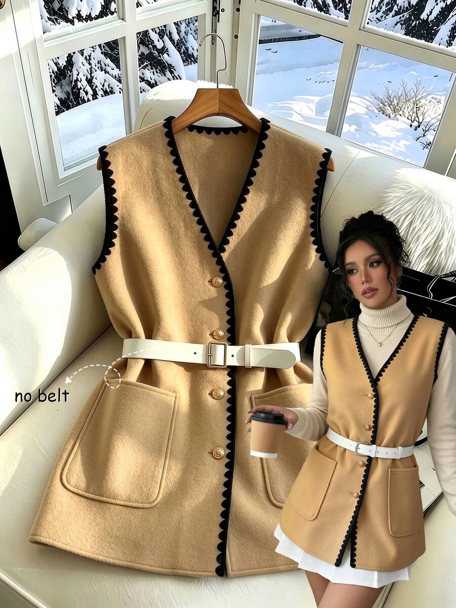 SHEIN Women's Solid Color Wool Blend Contrast Trim Pocket Casual Sleeveless Jacket, Autumn/Winter - Khaki - View 1