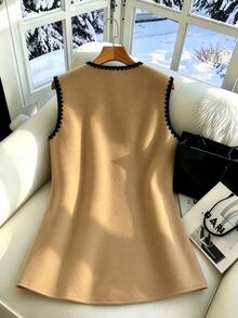 SHEIN Women's Solid Color Wool Blend Contrast Trim Pocket Casual Sleeveless Jacket, Autumn/Winter - Khaki - View 2