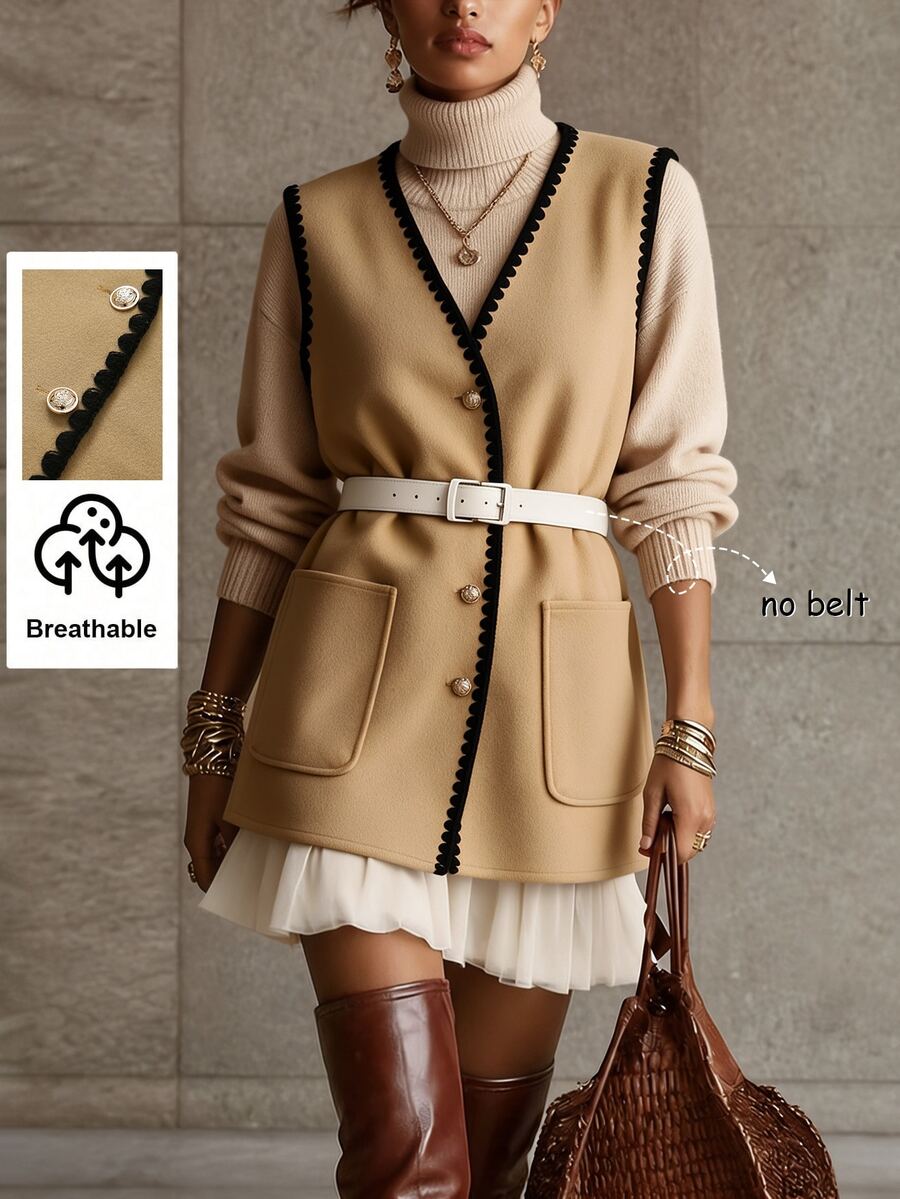 SHEIN Women's Solid Color Wool Blend Contrast Trim Pocket Casual Sleeveless Jacket, Autumn/Winter - Khaki - View 1