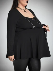 SHEIN CURVE+ Plus Size Solid Lace Up Front Babydoll Tee Halloween - Black - View 3