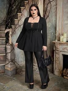 SHEIN CURVE+ Plus Size Solid Lace Up Front Babydoll Tee Halloween - Black - View 4