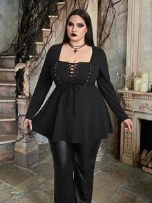 SHEIN CURVE+ Plus Size Solid Lace Up Front Babydoll Tee Halloween - Black - View 5