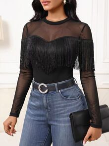 SHEIN Lady Women's Solid Color Contrast Mesh Long Sleeve Tassel Trim Fashion Top - Black - View 3