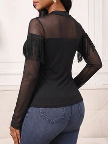 SHEIN Lady Women's Solid Color Contrast Mesh Long Sleeve Tassel Trim Fashion Top - Black - View 2
