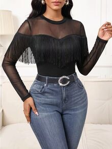SHEIN Lady Women's Solid Color Contrast Mesh Long Sleeve Tassel Trim Fashion Top - Black - View 4