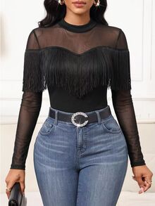 SHEIN Lady Women's Solid Color Contrast Mesh Long Sleeve Tassel Trim Fashion Top - Black - View 6