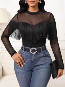 SHEIN Lady Women's Solid Color Contrast Mesh Long Sleeve Tassel Trim Fashion Top - Black - View 5