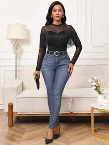 SHEIN Lady Women's Solid Color Contrast Mesh Long Sleeve Tassel Trim Fashion Top - Black - View 7
