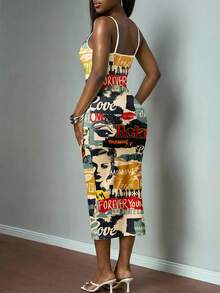 Slaydiva Vintage Poster Print Casual Plus Size Dress, Suitable For Music Festivals - Multicolor - View 2